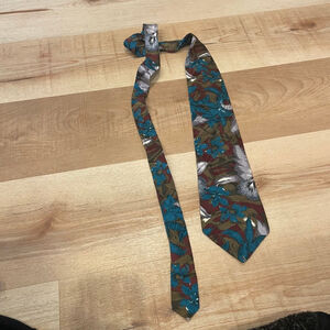 Vintage Men's Don Loper One Size Teal Burgundy Floral Silk Tie